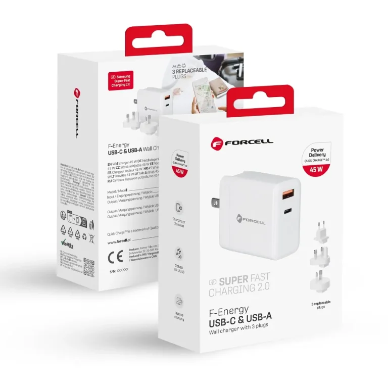Forcell F-Energy 3v1 USB C + USB A QC4.0 PD 3A 45W telefónna nabíjačka s tromi vymeniteľnými zástrčkami (EÚ / Veľká Británia / USA) TFK-TC-45WPDAC biela