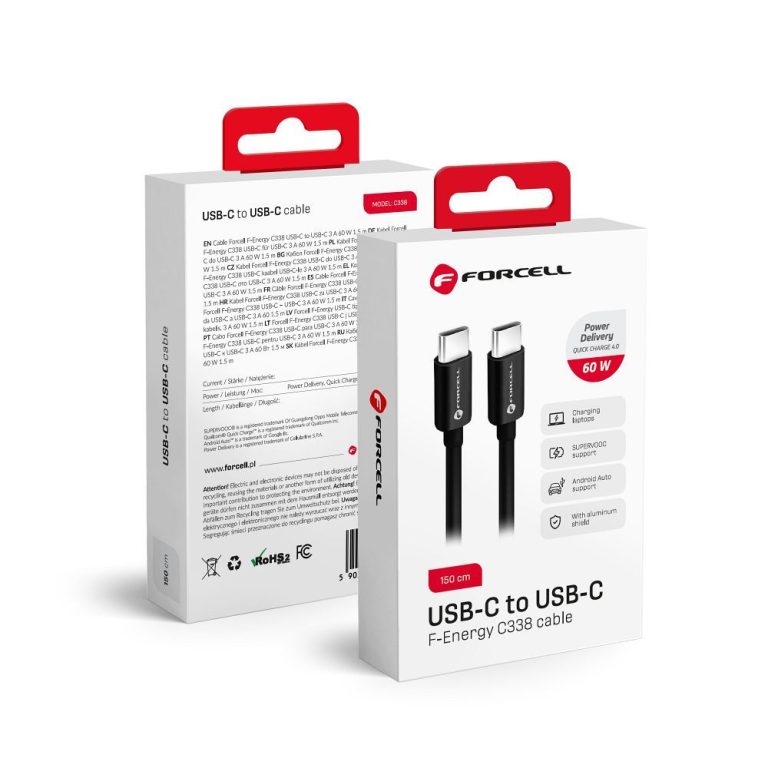 Kábel FORCELL Typ C až Typ C QC4.0 3A/20V PD60W C338 2m Čierny